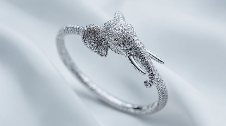 A beautifully crafted sterling silver elephant bangle on a minimalist background.
