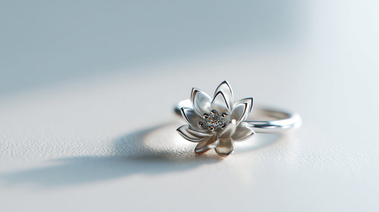 Sterling silver lotus flower ring on a minimalist background.