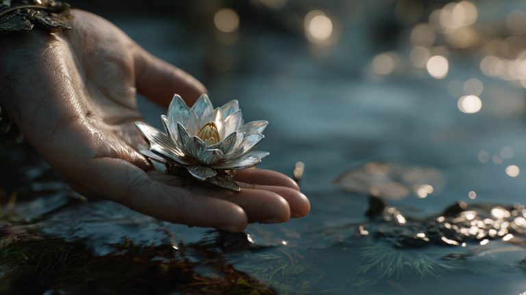 Hand wearing lotus ring with a blooming lotus.