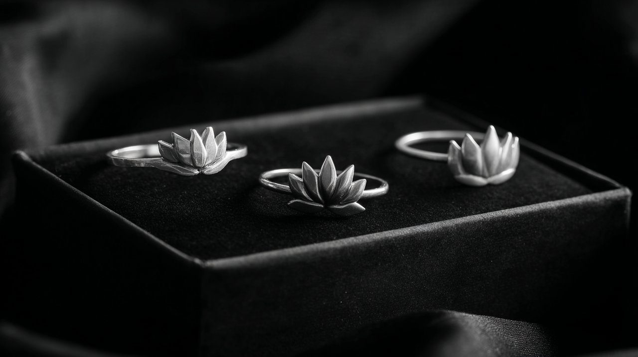 Various sterling silver lotus rings on a display.