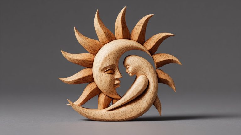 A hand-carved wooden sun ornament symbolizing love and connection.