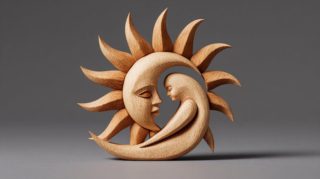 A hand-carved wooden sun ornament symbolizing love and connection.
