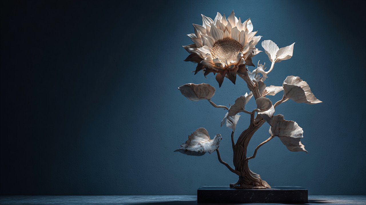 An alabaster sunflower sculpture symbolizing growth and inner light.