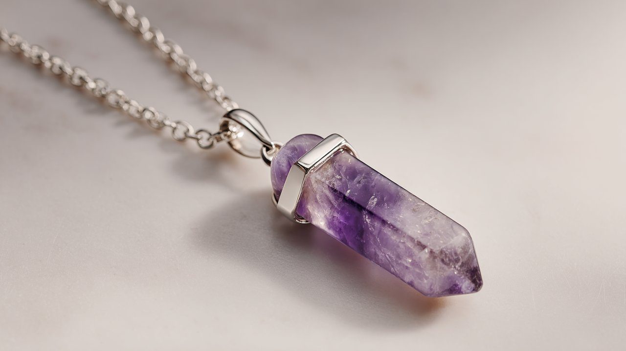 Un delicado colgante de cristal de amatista, que simboliza un ancla de mentalidad personalizada.