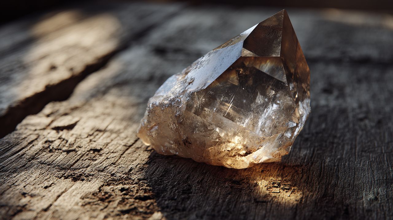 Un cristal de cuarzo grande y en bruto, que simboliza la fuerza interior y la resiliencia natural.