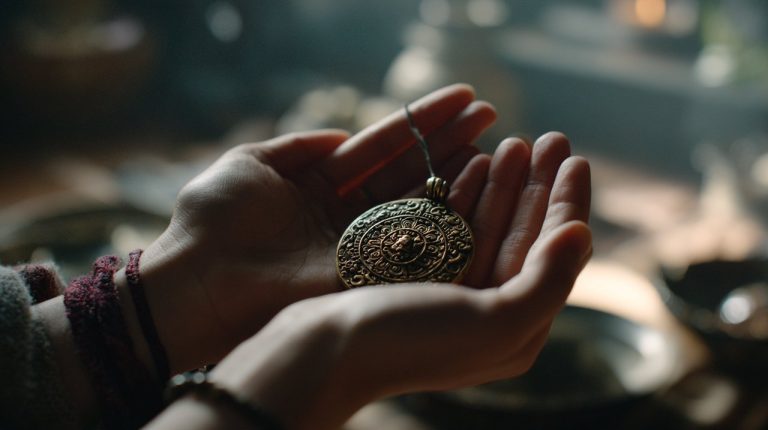 Hands gently holding a traditional Tibetan protection amulet, conveying inner peace.