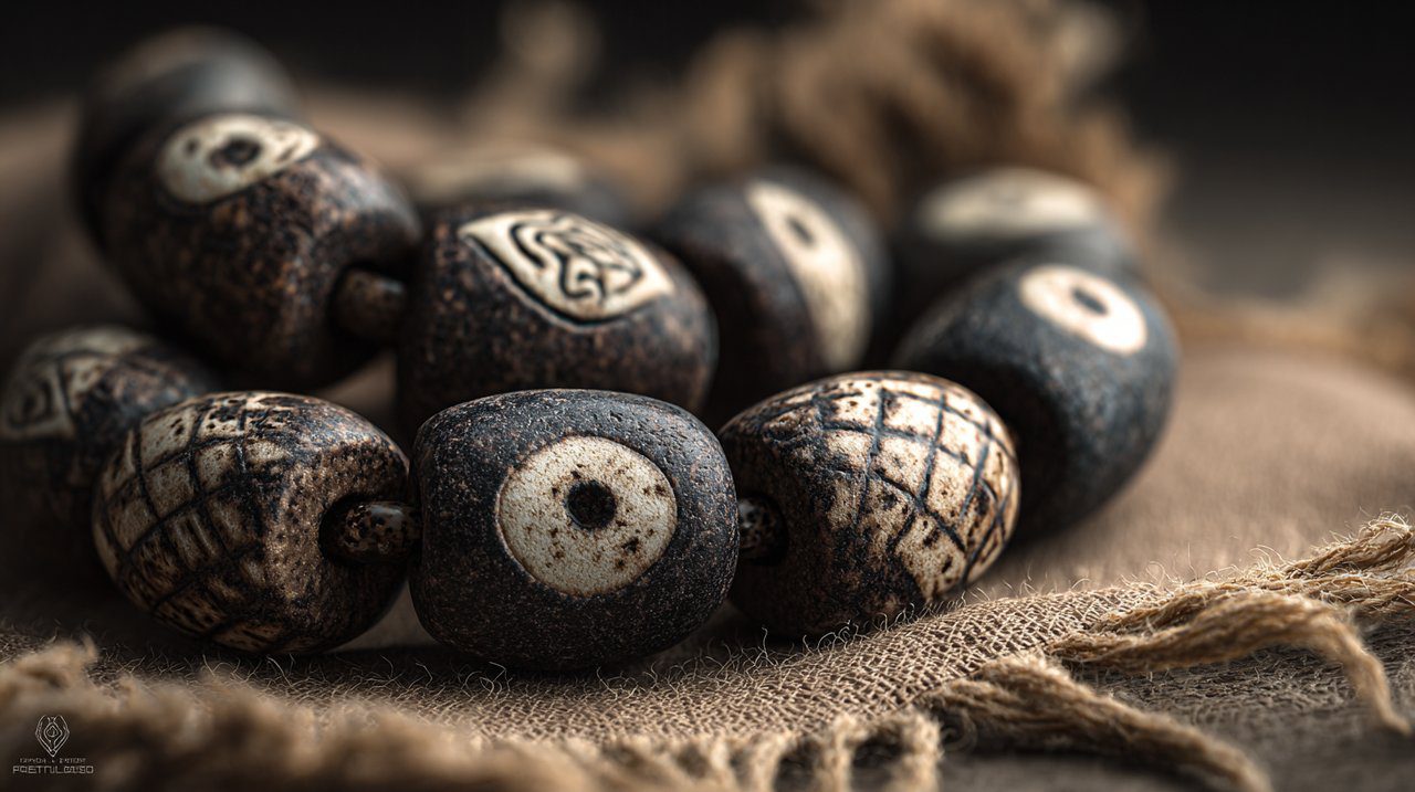 Product photography of ancient Dzi beads with intricate eye patterns.