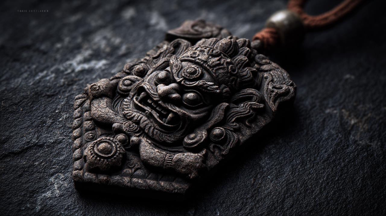 Product photography of an intricately carved Mahakala amulet.