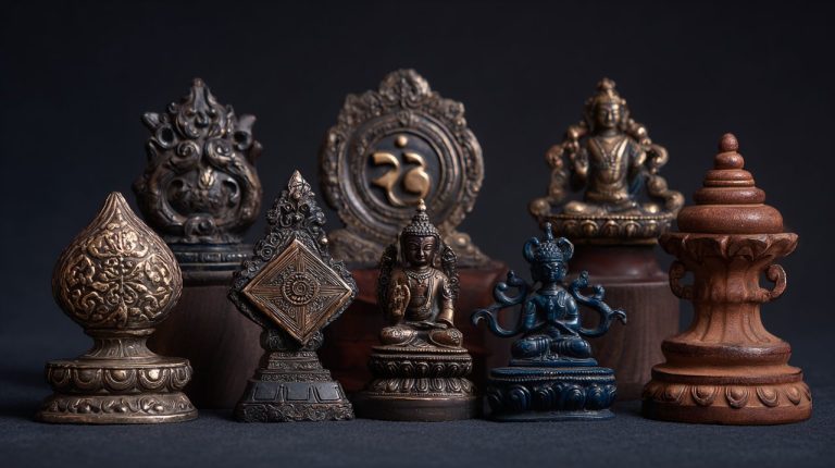 An arrangement of various ancient Tibetan Buddhist symbols.