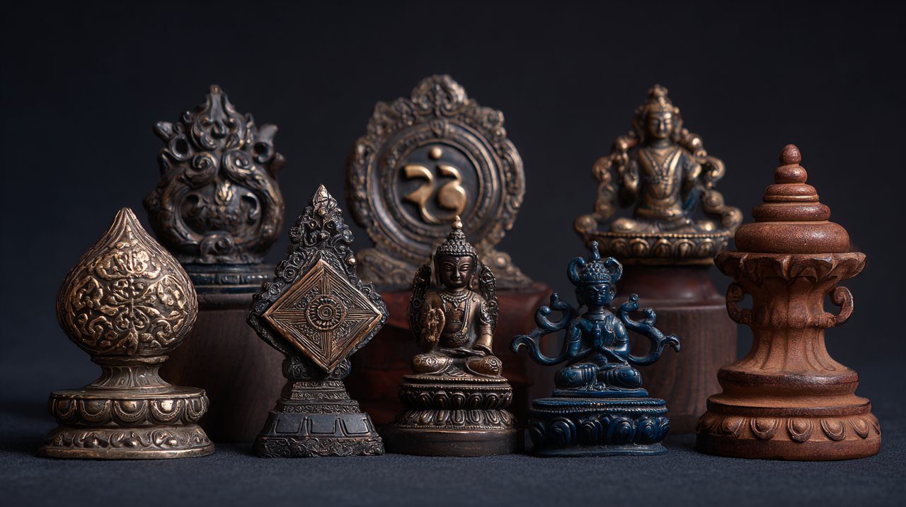 Una disposición de varios símbolos budistas tibetanos ancestrales.