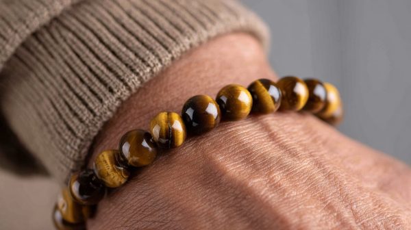 Ein stilvolles Tigerauge-Perlenarmband am Handgelenk.