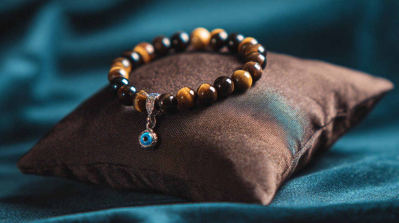 Pulsera de Ojo de Tigre combinada con un amuleto de Mal de Ojo para mayor protección.