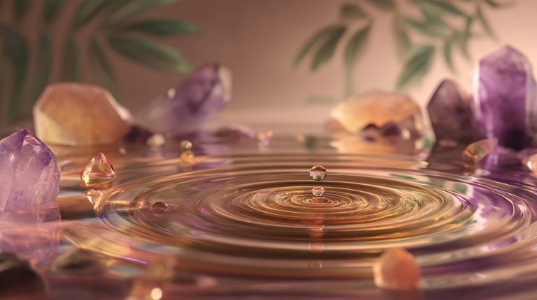 Tingsha Meditation Timer, a serene digital painting showing glowing Tingsha chimes creating ripples of light on calm water, surrounded by plants and crystals, symbolizing inner peace and personalized sound healing.