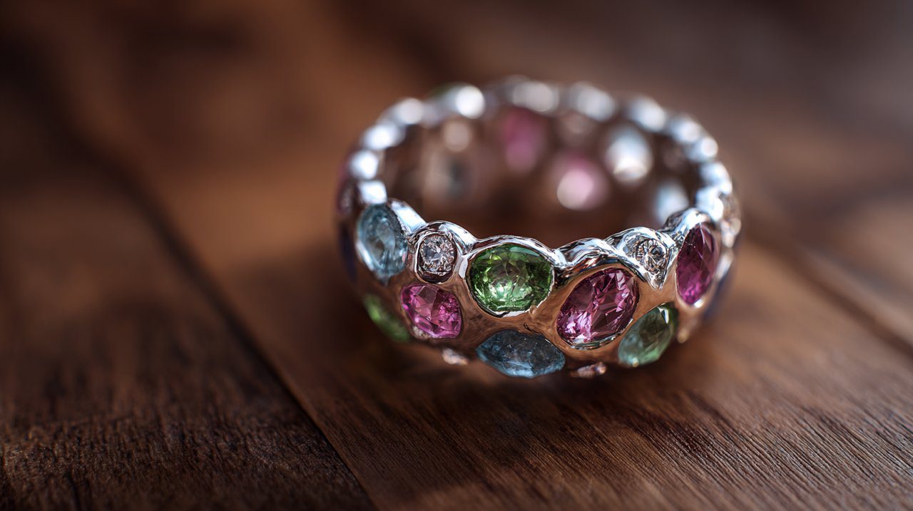 Un elegante anillo de plata con gemas de turmalina multicolor.