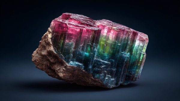 A raw, uncut multi-color tourmaline crystal.