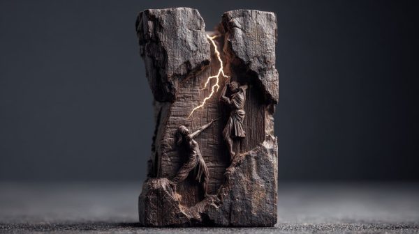A dramatic, photorealistic carving representing The Tower tarot card.