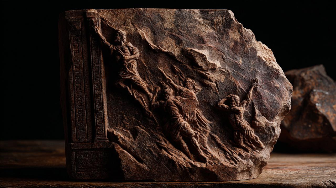 Un primer plano de una escultura tallada a mano que representa el rayo y las figuras que caen de la carta de La Torre.