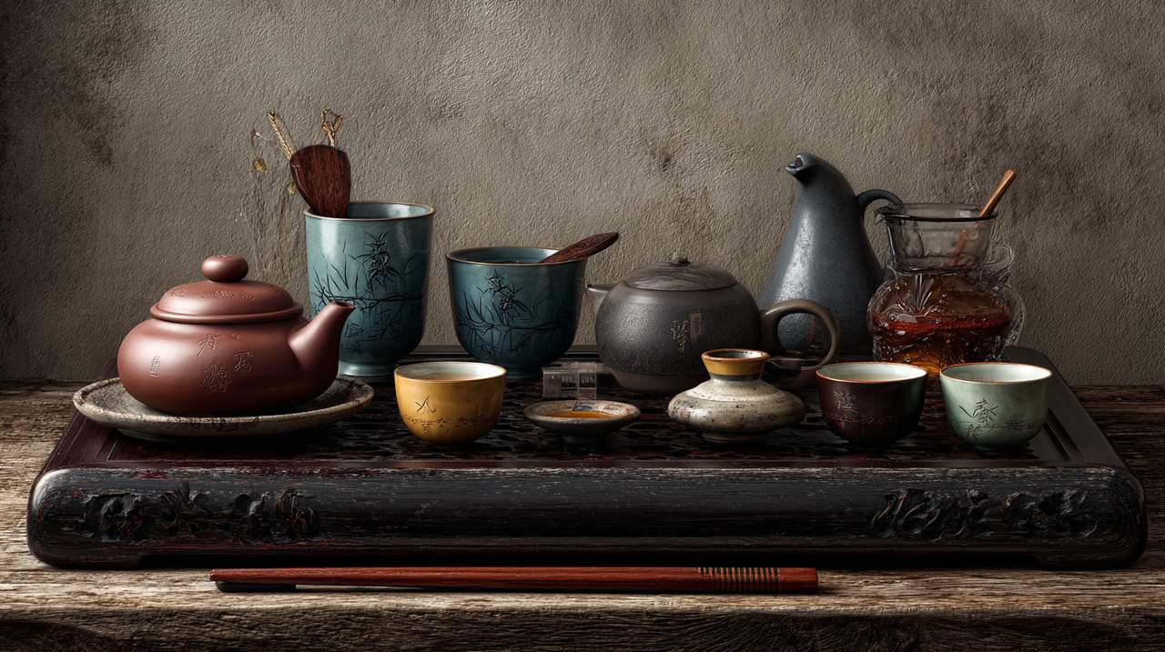 Un juego de té chino tradicional completo dispuesto en una bandeja de té.