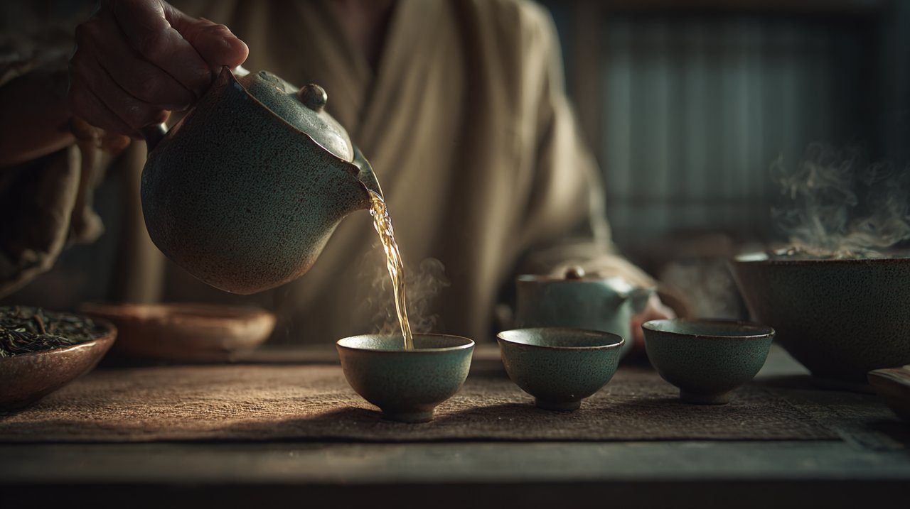 Manos realizando un vertido consciente durante una ceremonia de té china.
