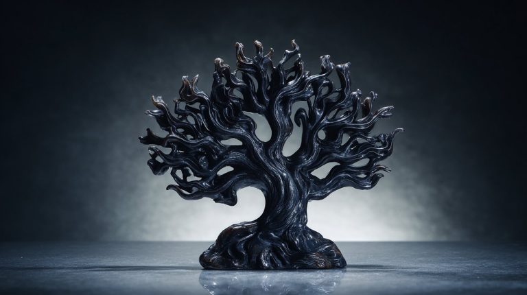 Intricately carved obsidian Tree of Life statuette.