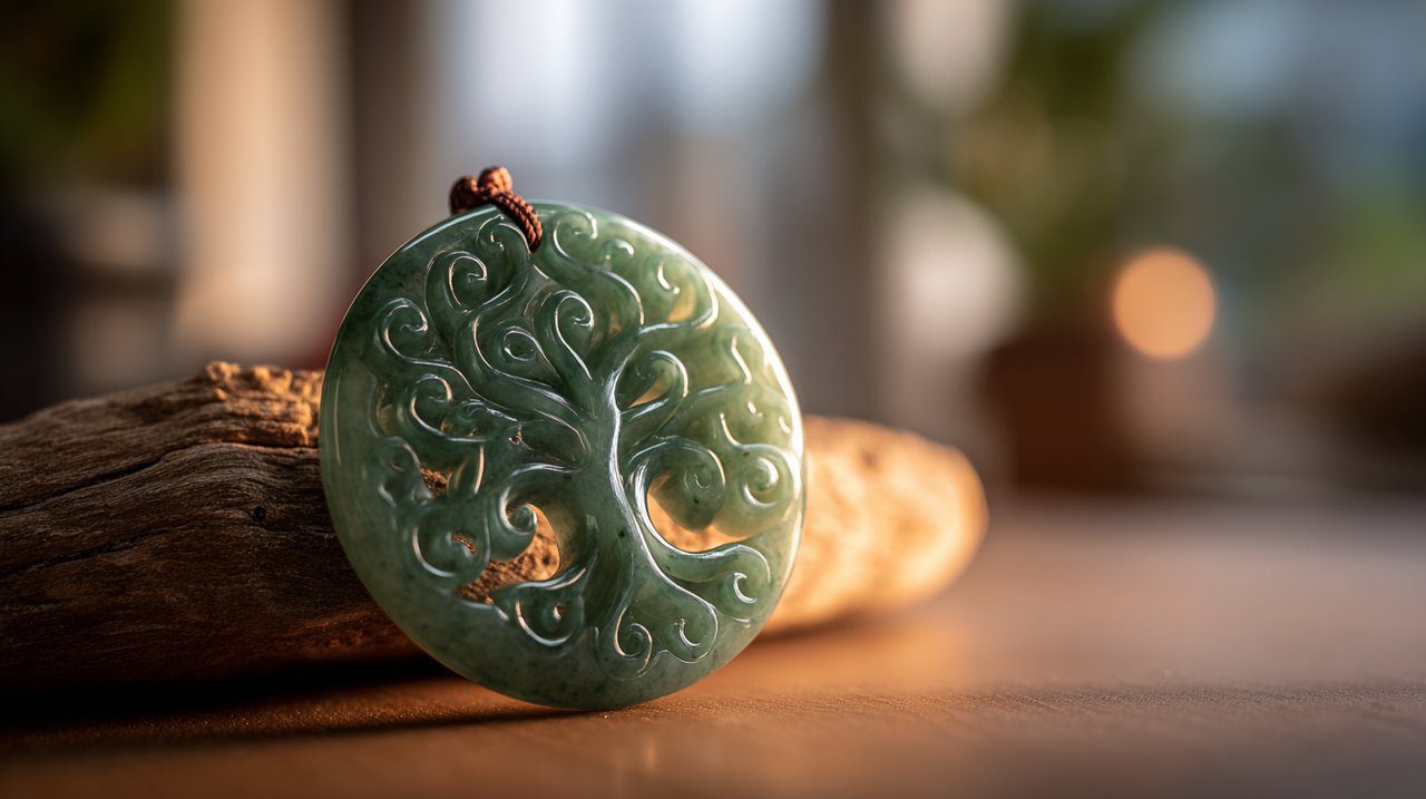 Polished jade Tree of Life amulet for meditation.