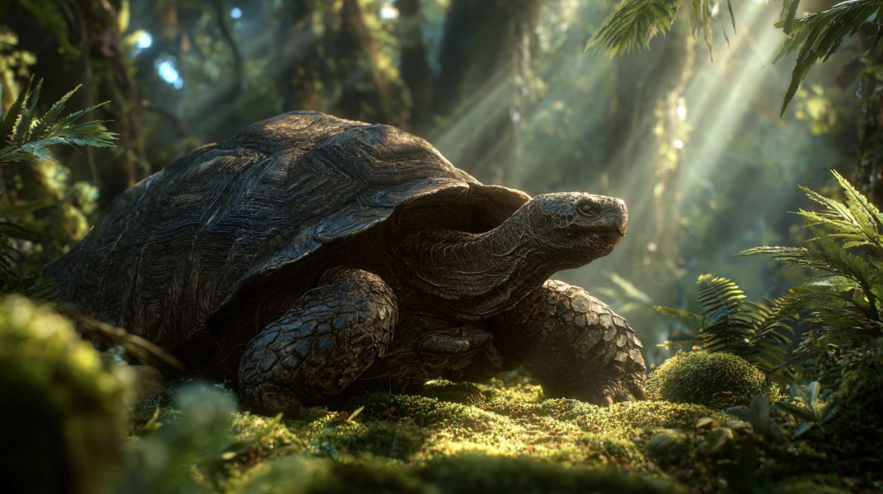 Una antigua tortuga moviéndose lentamente por el suelo sereno de un bosque iluminado por el sol.