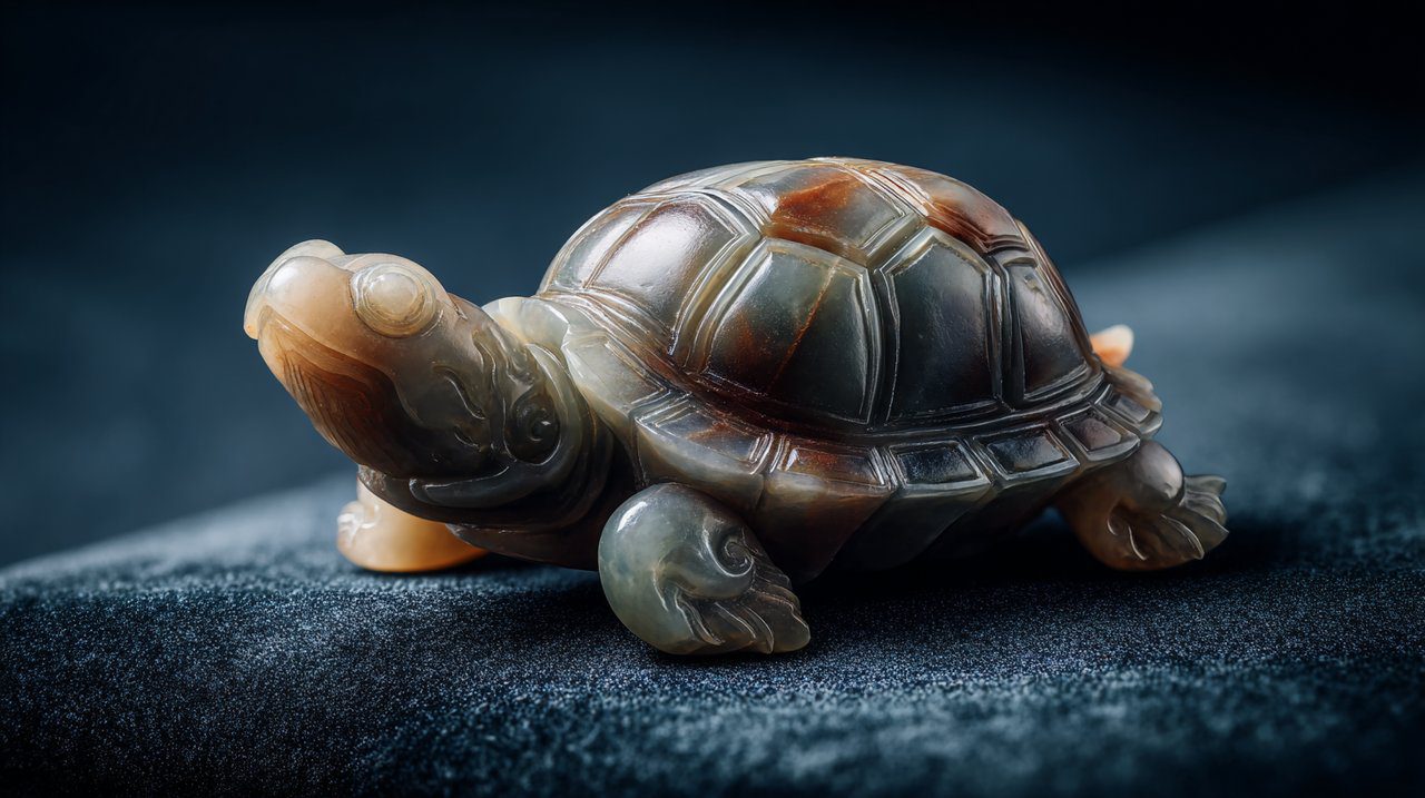 Una pequeña figura tallada intrincadamente de jade de tortuga.