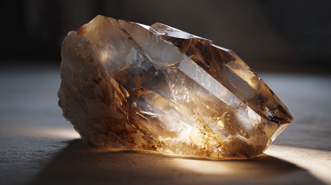 Um cristal de quartzo bruto e brilhante simbolizando um plano vibracional intrínseco.