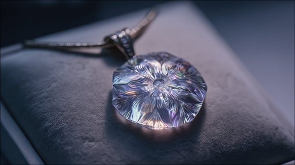 An elegant pendant crafted from an iridescent crystal, radiating energy patterns.