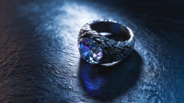 A handcrafted silver ring with a luminous, faceted crystal, shimmering with energy.