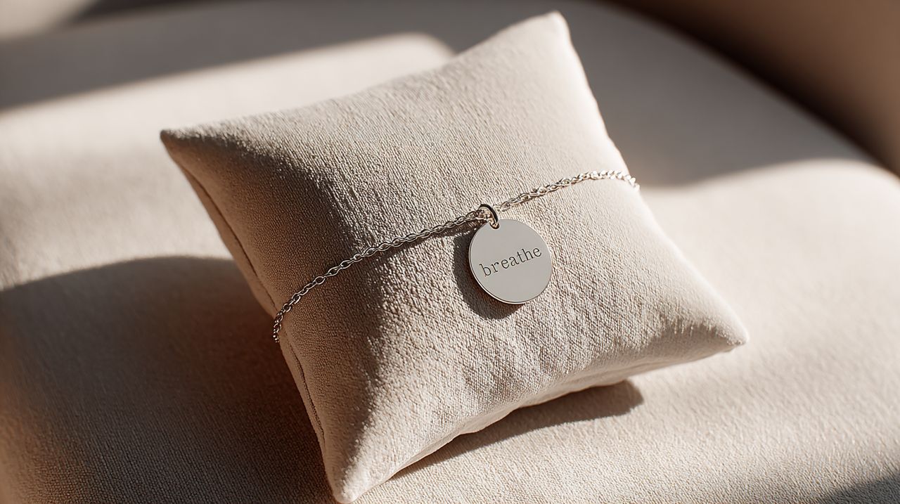 Pulseira de mantra em prata esterlina gravada com 'Respire'.