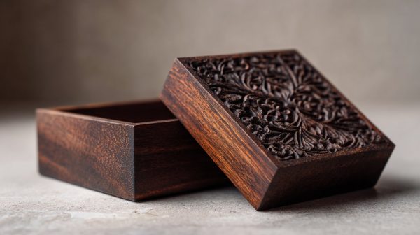 Hand-carved wooden altar box for sacred objects.