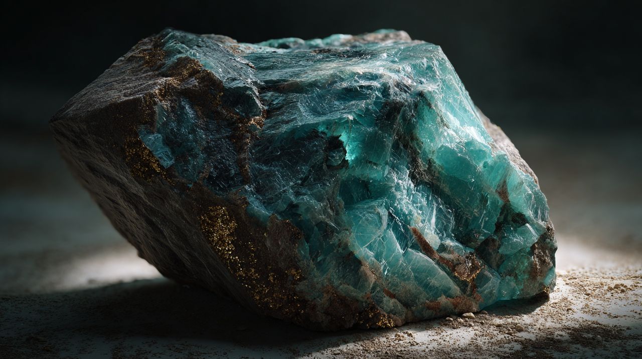 Cristal de turquesa crudo, sin cortar, que muestra sus tonos naturales azul verdoso.