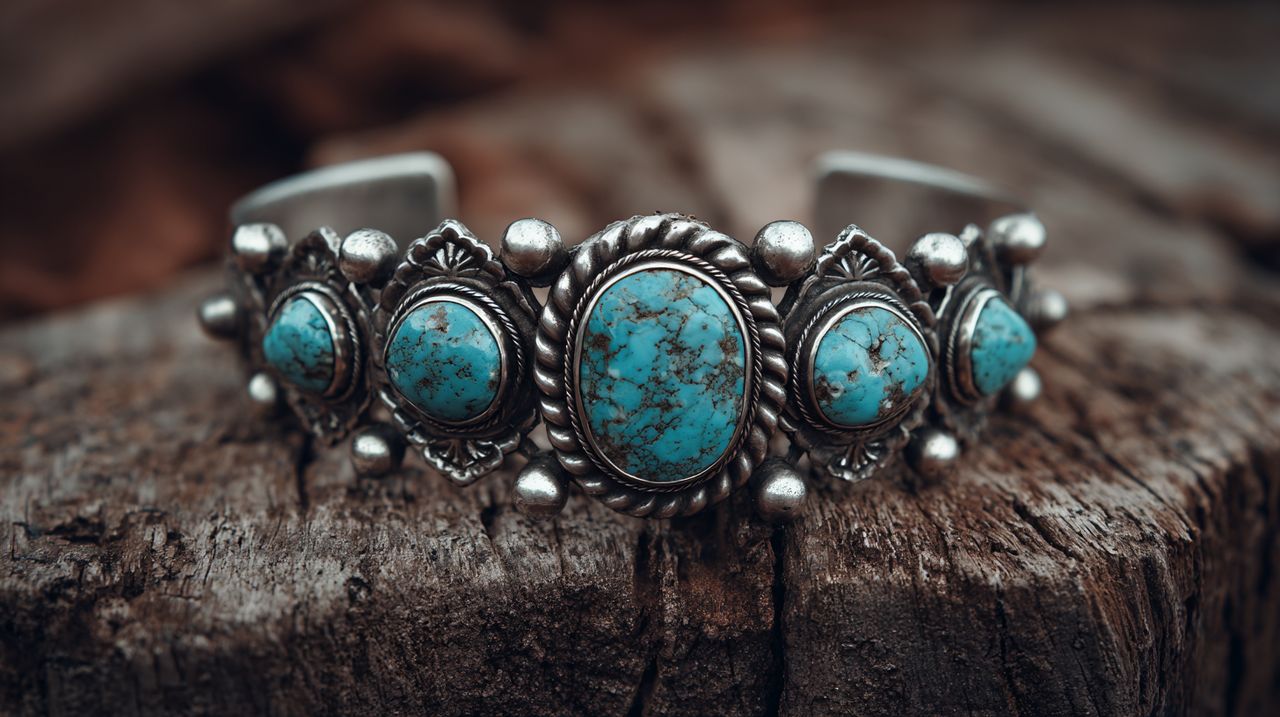 Brazalete de puño vintage nativo americano de plata y turquesa con intrincada filigrana de plata.