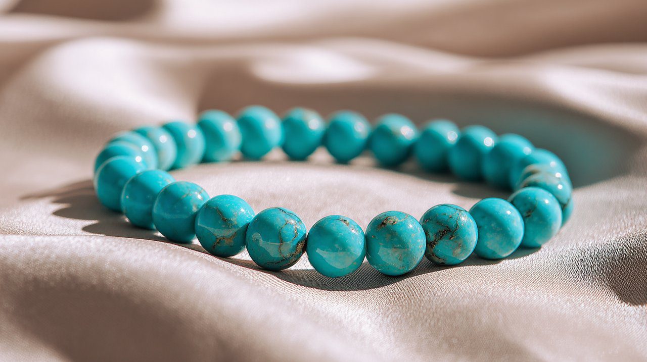 Brazalete sencillo y elegante de cuentas de turquesa con cuentas lisas y pulidas.