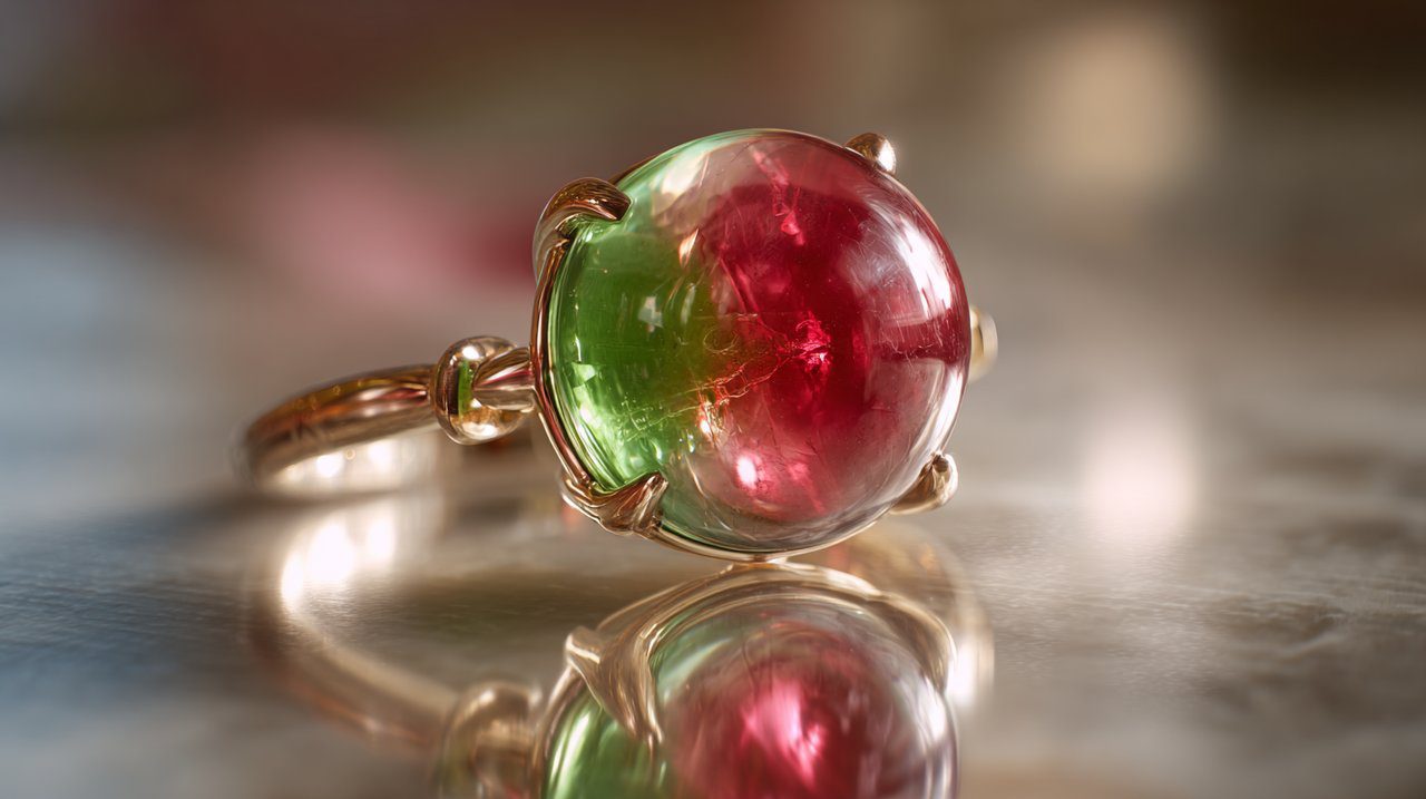 Watermelon Tourmaline ring, showcasing its unique color zoning.