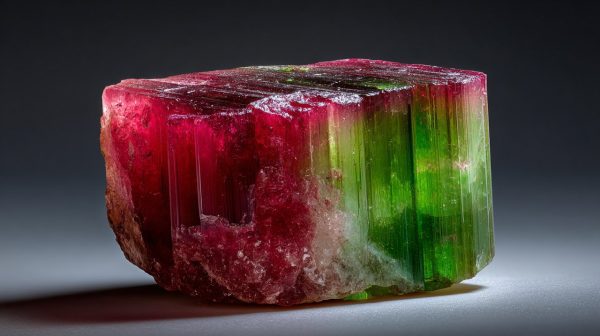 Raw, uncut Watermelon Tourmaline crystal showing distinct red and green zones.