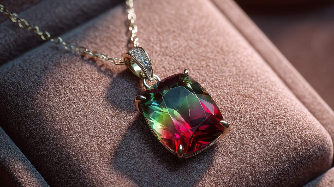 Elegant Watermelon Tourmaline pendant necklace on a minimalist background.