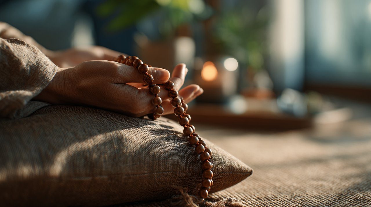 Un espacio de meditación sereno con cuentas de oración de madera y elementos naturales.