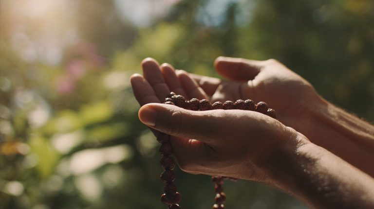 Hands gently holding wooden prayer beads during meditation.