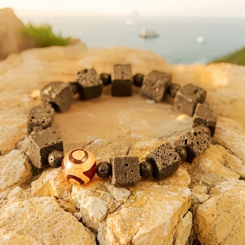Pulsera Curativa con Cuentas Dzi y Roca Volcánica Lava Rock Dzi Bead Healing Bracelet