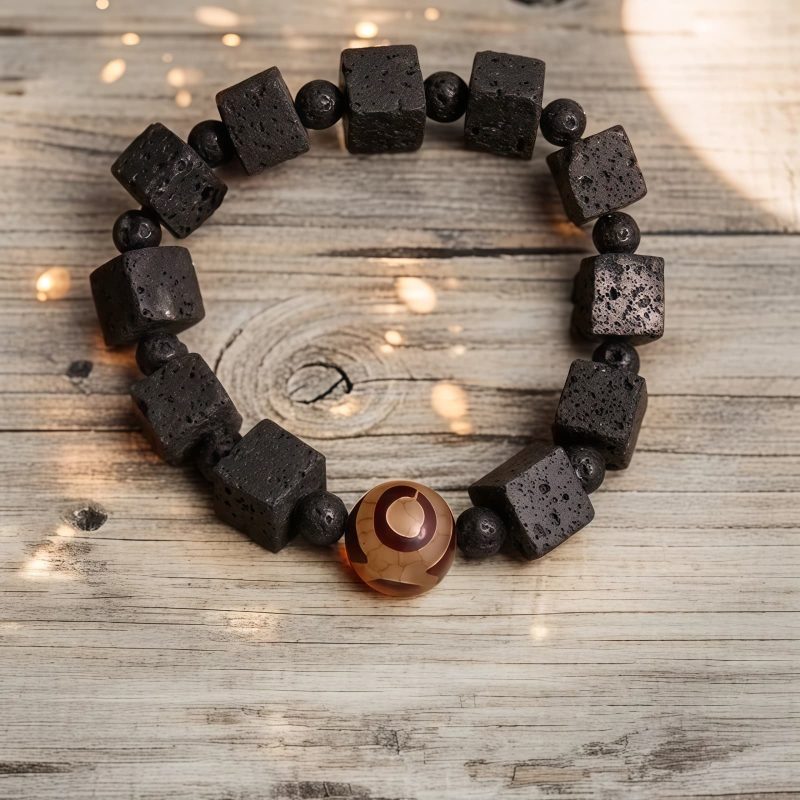Pulsera Curativa con Cuentas Dzi y Roca Volcánica Lava Rock Dzi Bead Healing Bracelet
