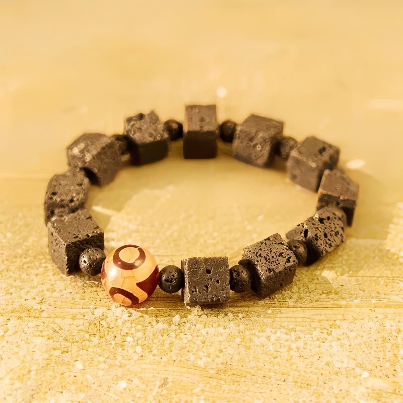 Pulsera Curativa con Cuentas Dzi y Roca Volcánica Lava Rock Dzi Bead Healing Bracelet
