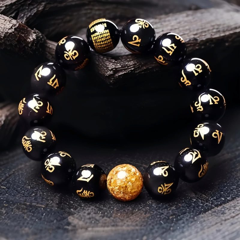 Pulsera de Obsidiana Arcoíris Om Mani Padme Hum Rainbow Obsidian Om Mani Padme Hum Bracelet