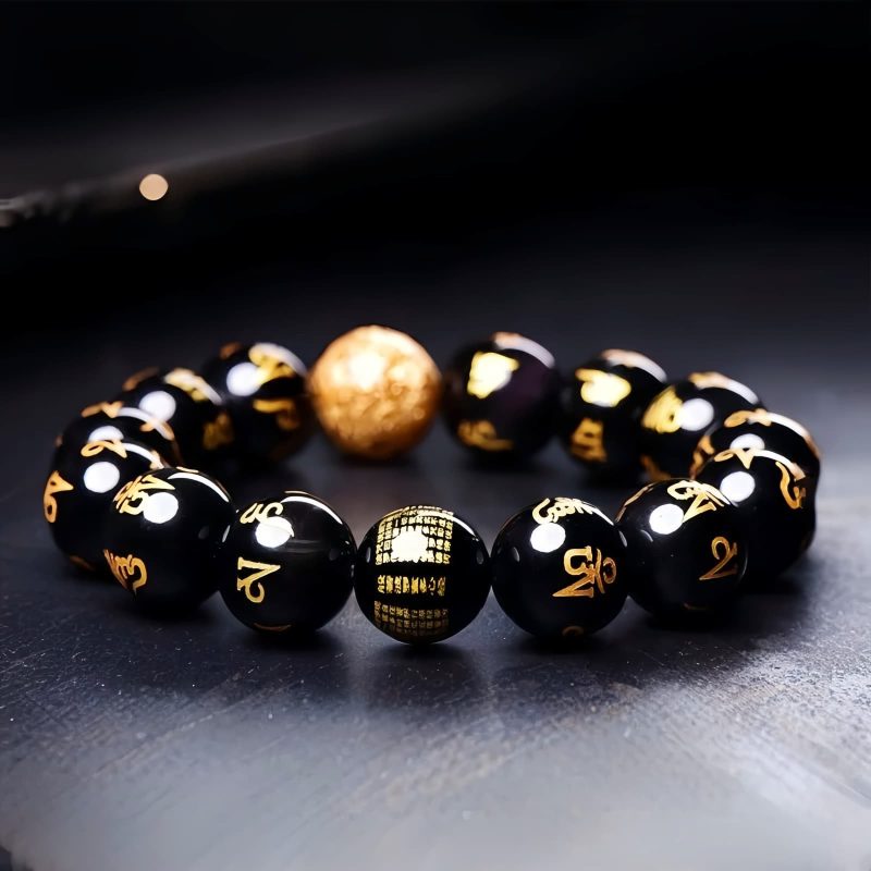 Pulsera de Obsidiana Arcoíris Om Mani Padme Hum Rainbow Obsidian Om Mani Padme Hum Bracelet