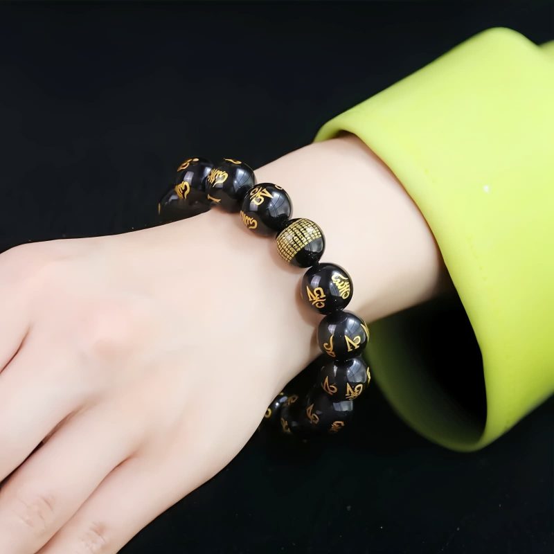 Pulsera de Obsidiana Arcoíris Om Mani Padme Hum Rainbow Obsidian Om Mani Padme Hum Bracelet