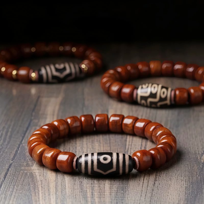 Pulsera de cuentas Dzi de nueve ojos de hueso de yak tibetano Tibetan Yak Bone Nine-Eye Dzi Bead Bracelet