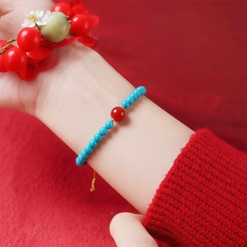 سوار يد من الفيروز والزنجفر للتنقية من الفضة عيار ٩٢٥ Turquoise Cinnabar Purification Bracelet in 925 Silver