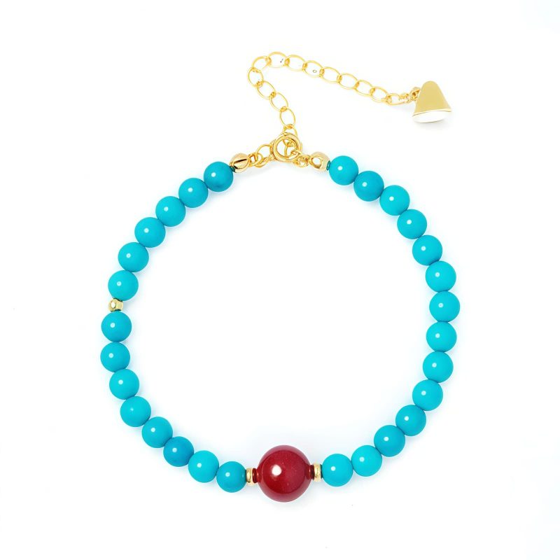 سوار يد من الفيروز والزنجفر للتنقية من الفضة عيار ٩٢٥ Turquoise Cinnabar Purification Bracelet in 925 Silver