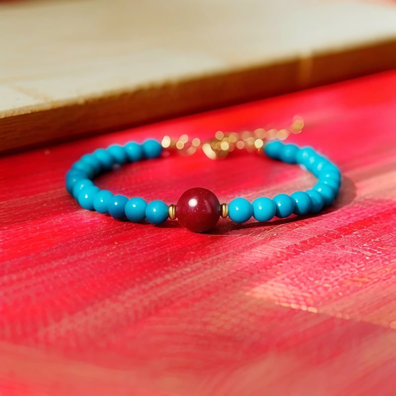 سوار يد من الفيروز والزنجفر للتنقية من الفضة عيار ٩٢٥ Turquoise Cinnabar Purification Bracelet in 925 Silver